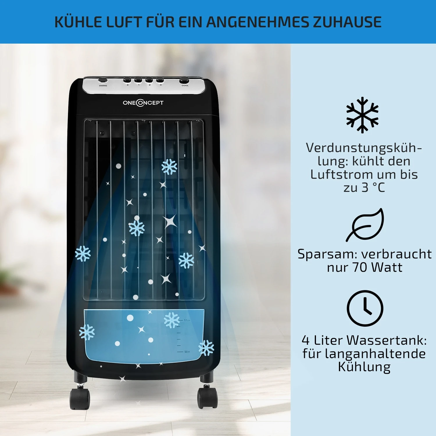 Carribean Blue 3-in-1 Luftkühler Ventilator Luftbefeuchter 402 M3/h | 70 Watt | 4 Liter | 3 Geschwindigkeiten | Oszillation | Mobil 2 Carribean Blue 3-in-1 Luftkühler Ventilator Luftbefeuchter 402 M3/h | 70 Watt | 4 Liter | 3 Geschwindigkeiten | Oszillation | Mobil – Bild 2