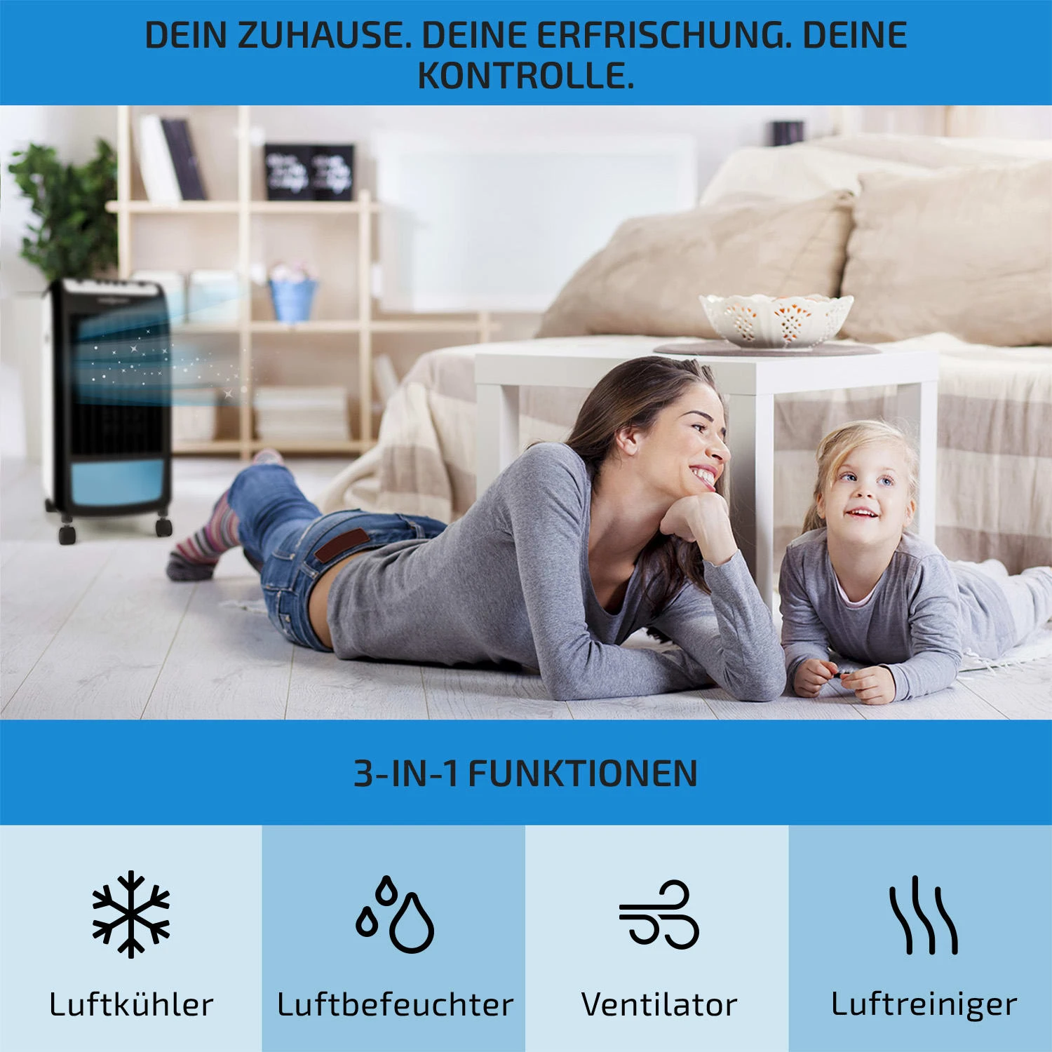 Carribean Blue 3-in-1 Luftkühler Ventilator Luftbefeuchter 402 M3/h | 70 Watt | 4 Liter | 3 Geschwindigkeiten | Oszillation | Mobil 3 Carribean Blue 3-in-1 Luftkühler Ventilator Luftbefeuchter 402 M3/h | 70 Watt | 4 Liter | 3 Geschwindigkeiten | Oszillation | Mobil – Bild 3
