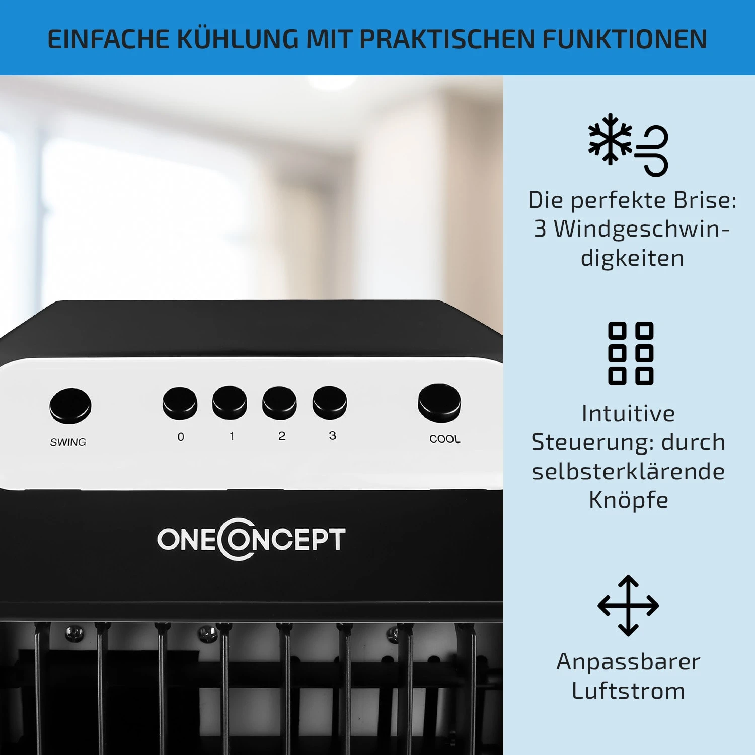 Carribean Blue 3-in-1 Luftkühler Ventilator Luftbefeuchter 402 M3/h | 70 Watt | 4 Liter | 3 Geschwindigkeiten | Oszillation | Mobil 4 Carribean Blue 3-in-1 Luftkühler Ventilator Luftbefeuchter 402 M3/h | 70 Watt | 4 Liter | 3 Geschwindigkeiten | Oszillation | Mobil – Bild 4