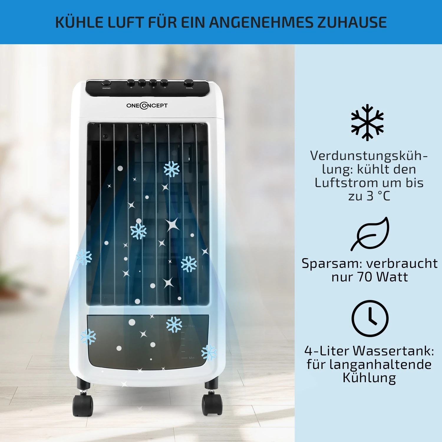 Carribean Blue 3-in-1 Luftkühler 402 M3/h 70 W 4 Ltr Oszillation Mobil 2 Carribean Blue 3-in-1 Luftkühler 402 M3/h 70 W 4 Ltr Oszillation Mobil – Bild 2