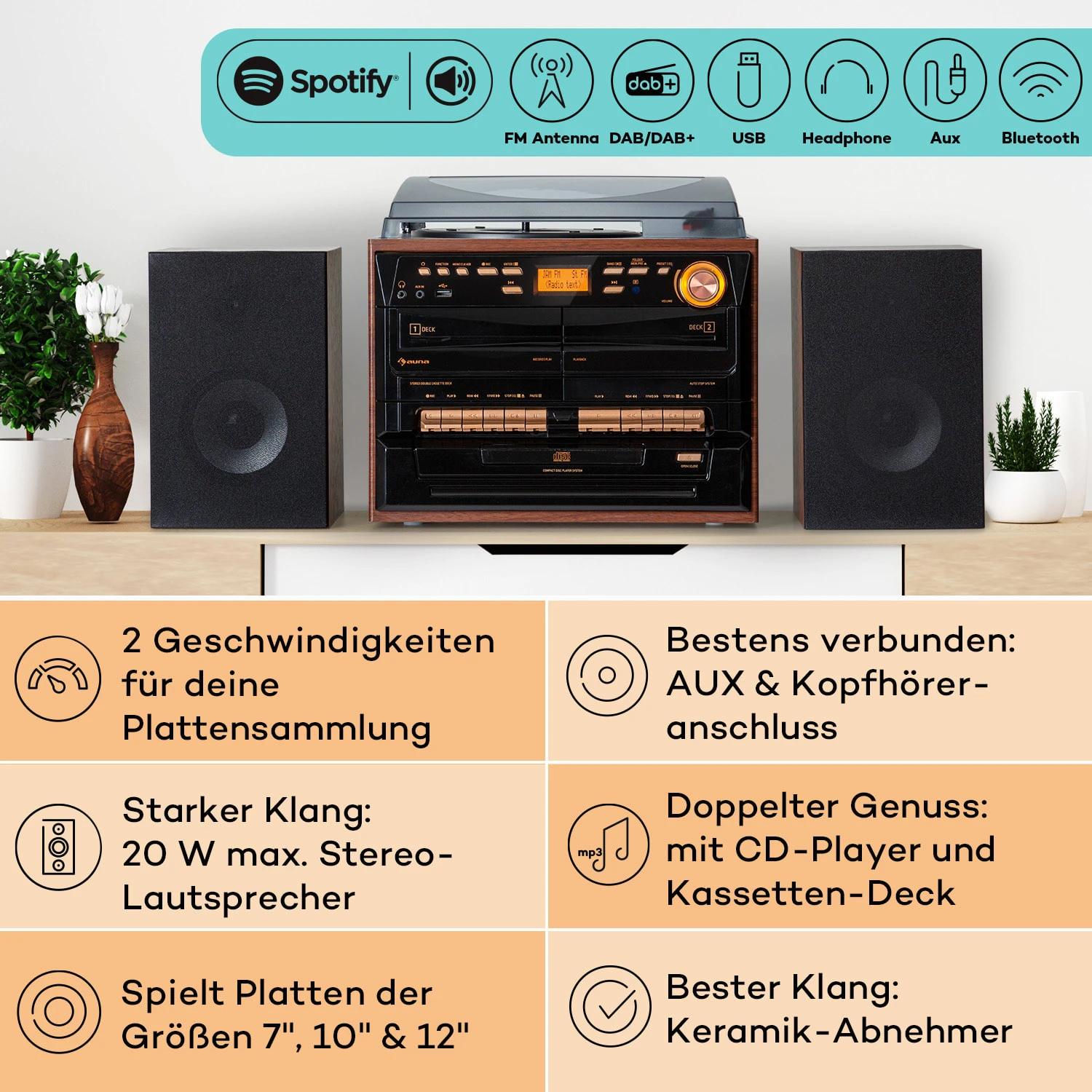 388-DAB+ Stereoanlage 20W Max. Vinyl CD Kassette BT FM/DAB+ USB SD 2 388-DAB+ Stereoanlage 20W Max. Vinyl CD Kassette BT FM/DAB+ USB SD – Bild 2