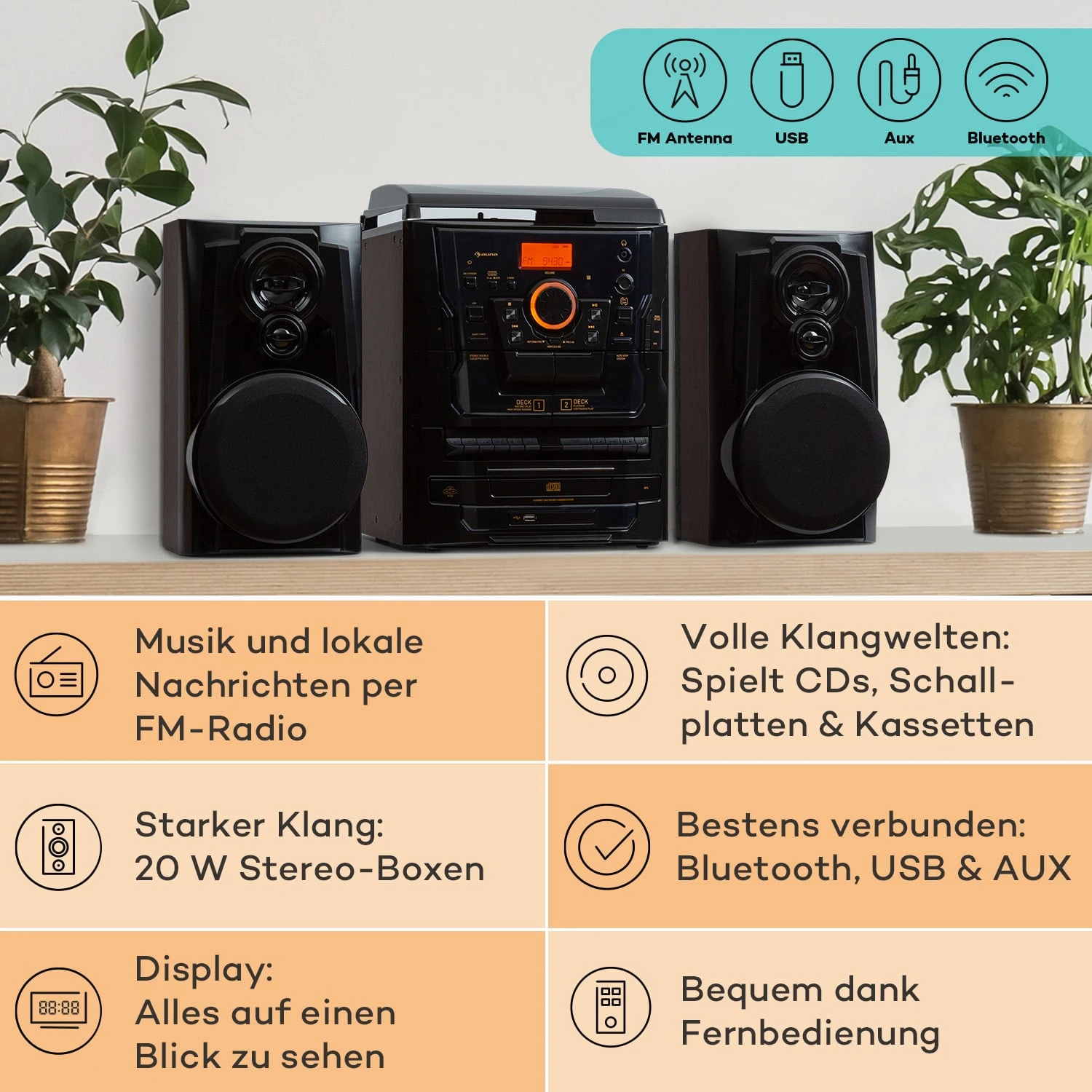 Franklin Stereoanlage Plattenspieler 3-fach-CD-Player BT Kassetten AUX USB-Port 2 Franklin Stereoanlage Plattenspieler 3-fach-CD-Player BT Kassetten AUX USB-Port – Bild 2