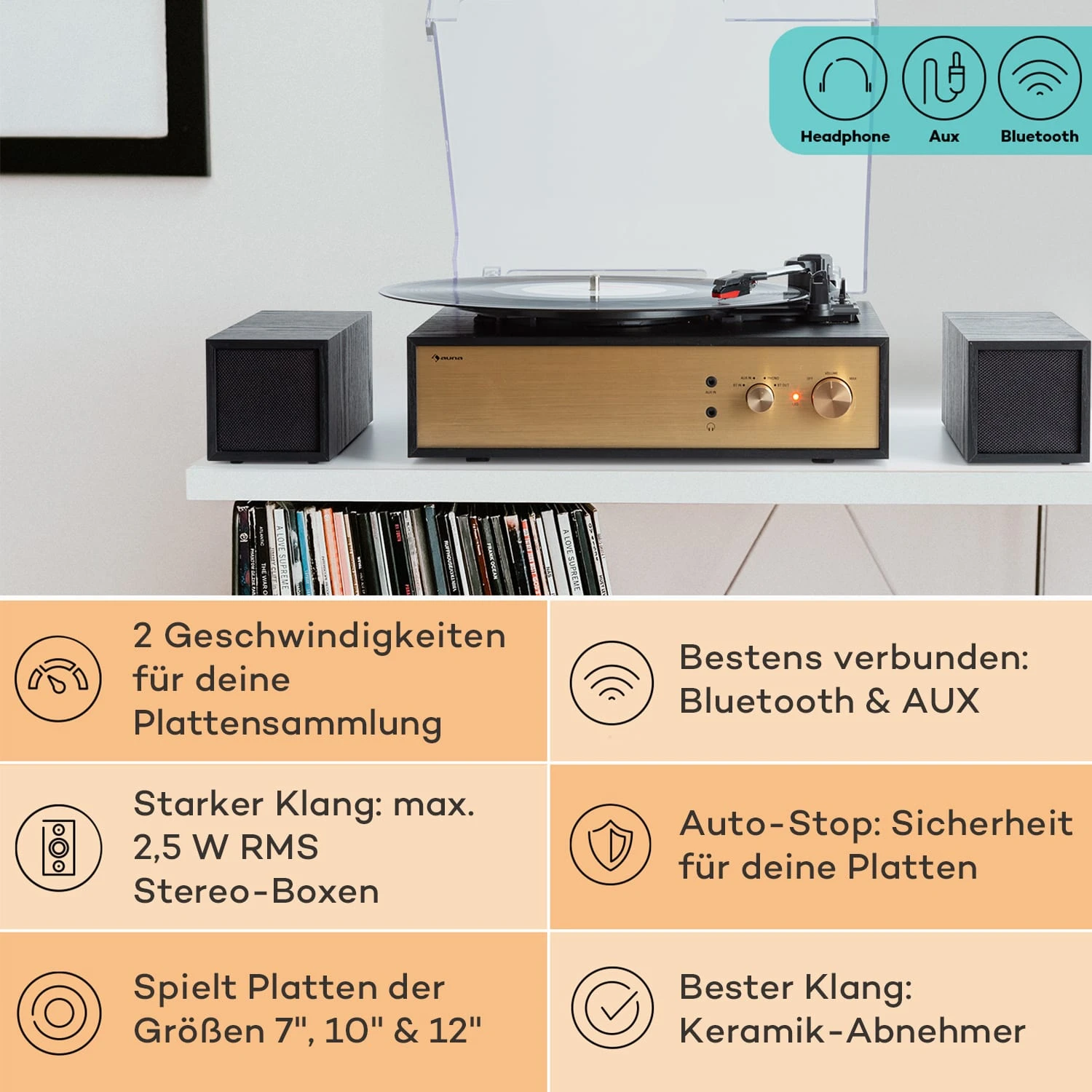 Berklee TT Play Plattenspieler Riemenantrieb 33 1/3 & 45 U/min Stereo-Lautsprecher 2 Berklee TT Play Plattenspieler Riemenantrieb 33 1/3 & 45 U/min Stereo-Lautsprecher – Bild 2
