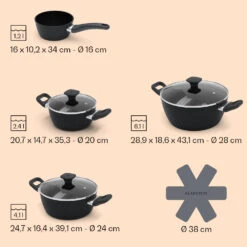 Noto Endurance Kochtopf-Set 4 Töpfe Geschmiedetes Aluminium Induktion PTFE-Antihaftbeschichtung -Outdoor Grills Verkaufsgeschäft 10045009 yy 0009 dimensions